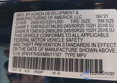 2021 Honda Passport 2Wd Ex-L z USA, uszkodzony, nr VIN 5FNYF7H5XMB011167